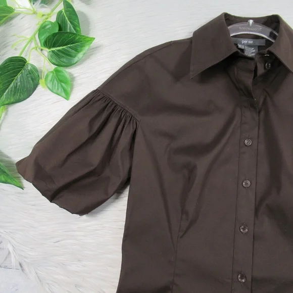 PER SE Brown Puff Sleeve Button Front Shirt Office Blouse Top Women's Size 4 - Picture 5 of 10